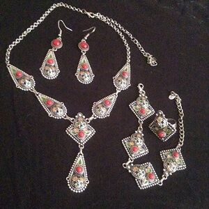 Berber Algerian North Africa Silver Tone Colorful Necklace Bracelet Earrings Set